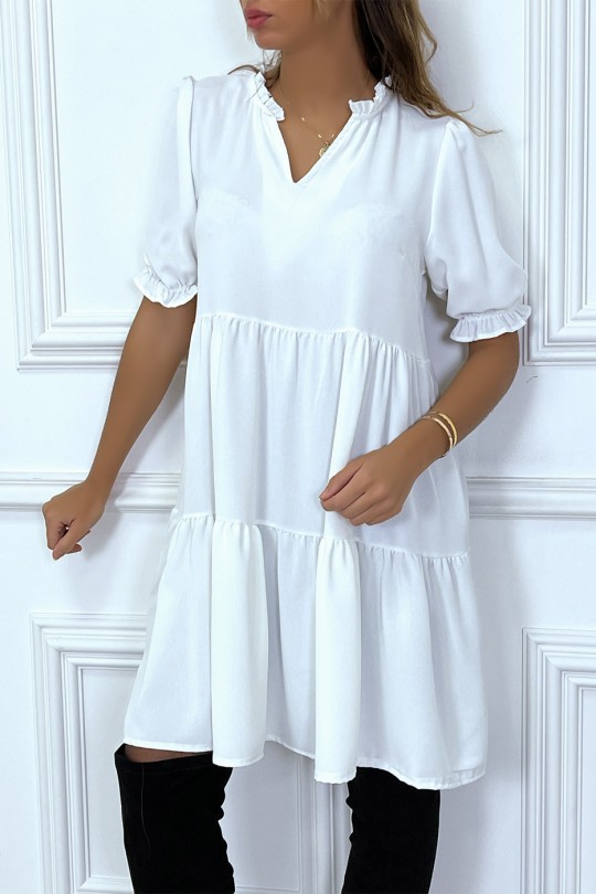 White Ruffle Short Sleeve Tunic Dress - 4