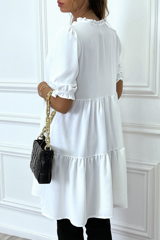 White Ruffle Short Sleeve Tunic Dress - 8
