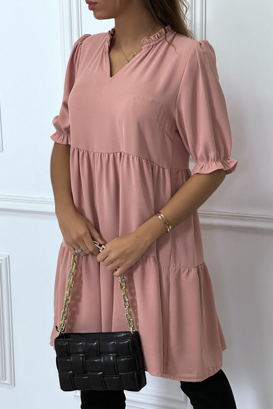 Pink Ruffle Short Sleeve Tunic Dress - 1
