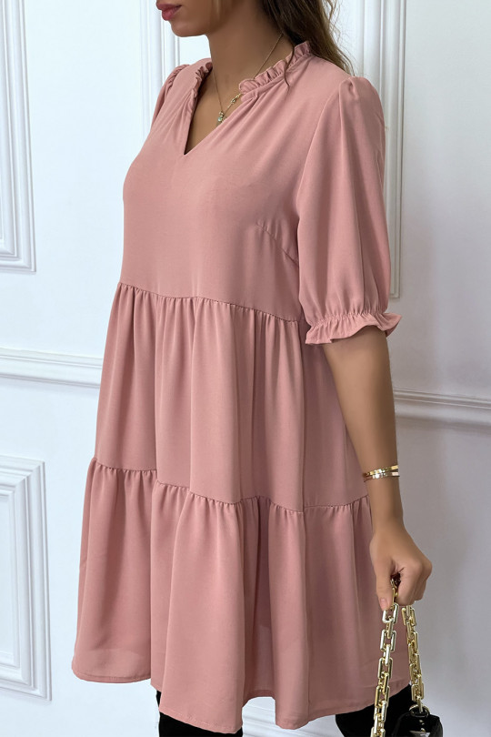 Pink Ruffle Short Sleeve Tunic Dress - 2