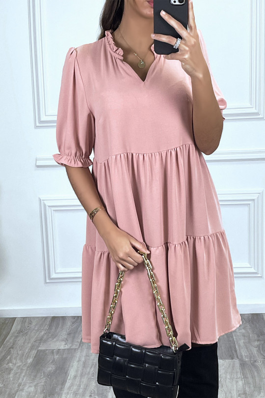 Pink Ruffle Short Sleeve Tunic Dress - 6