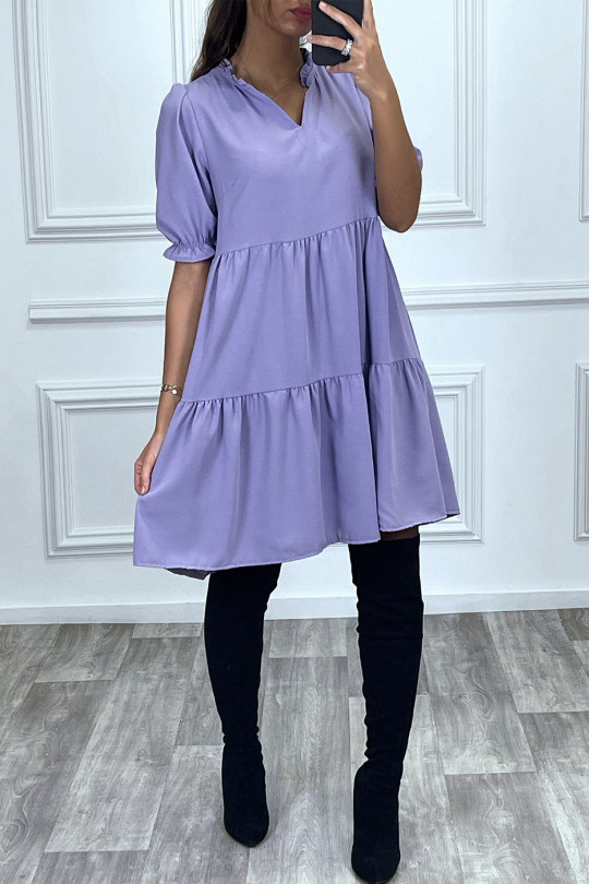 Purple Ruffle Short Sleeve Tunic Dress - 1