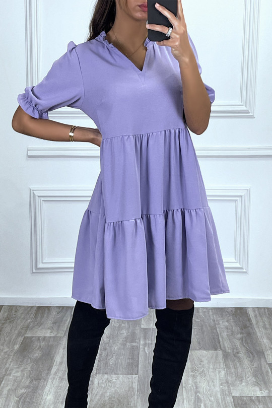 Purple Ruffle Short Sleeve Tunic Dress - 2