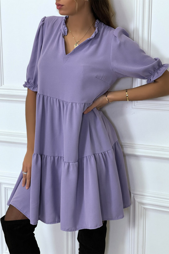 Purple Ruffle Short Sleeve Tunic Dress - 3