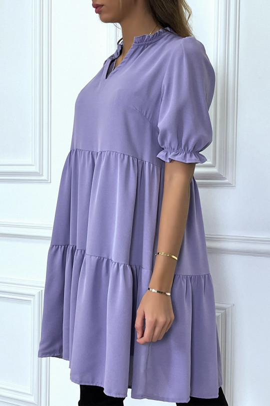 Purple Ruffle Short Sleeve Tunic Dress - 4