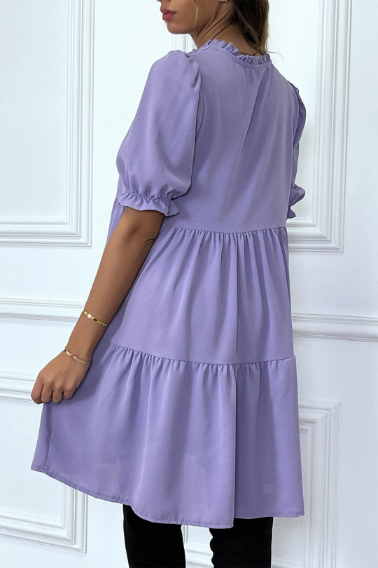 Purple Ruffle Short Sleeve Tunic Dress - 5