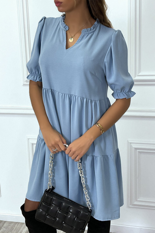 Blue Ruffle Short Sleeve Tunic Dress - 1