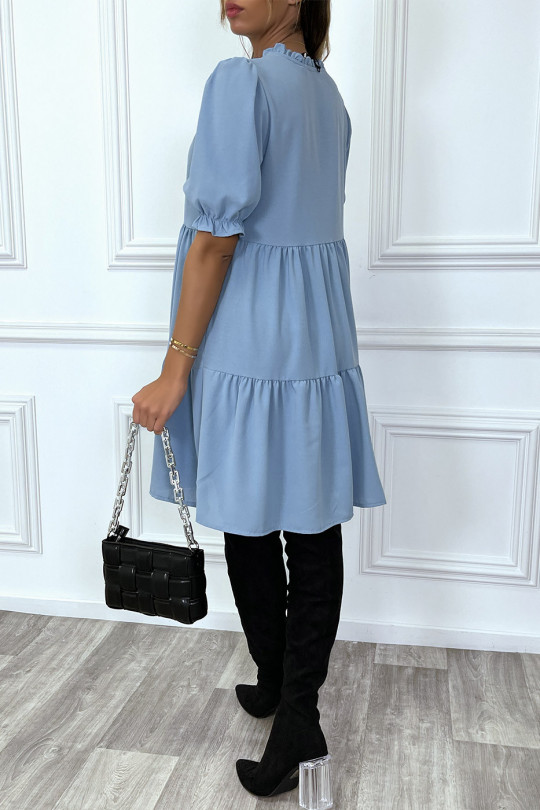 Blue Ruffle Short Sleeve Tunic Dress - 4