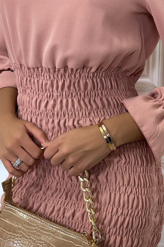 Pink Ruched Long Sleeve Ruffle Tunic Dress - 4