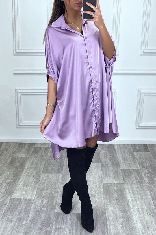 Robe chemise violette satinée asymétrique à manches chauve souris - 2