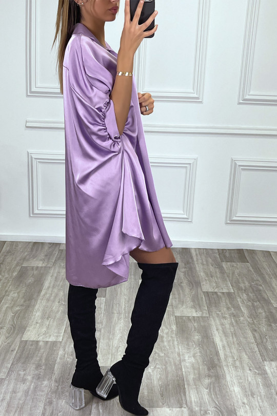 Robe chemise violette satinée asymétrique à manches chauve souris - 4