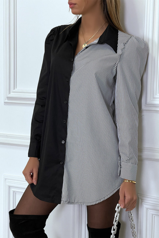 Longue chemise bi-couleur noir et rayé forme arrondi en bas - 1