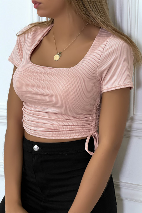 Pink ribbed knit crop top with gathers on the sides - 4