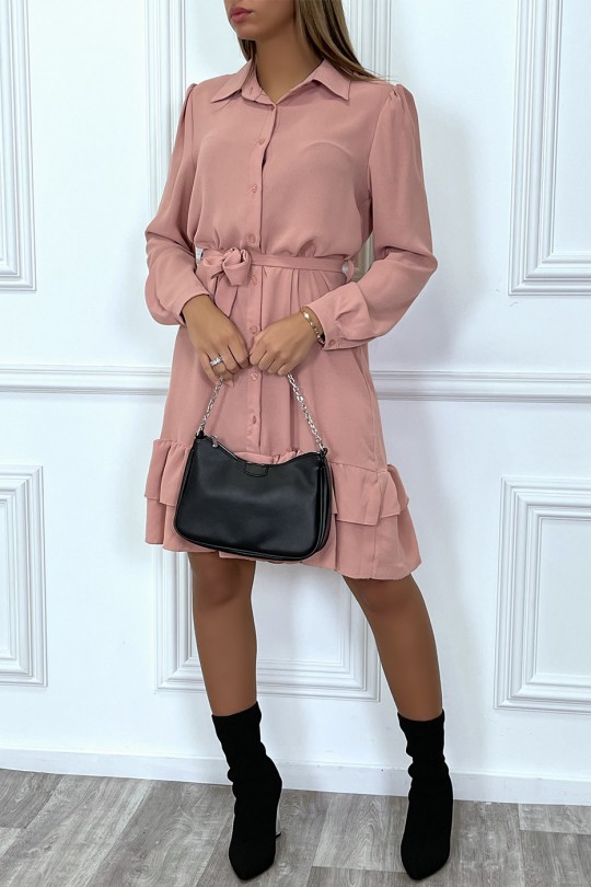 Long sleeve buttoned pink tunic dress with flounce - 1
