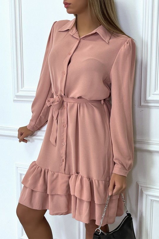 Long sleeve buttoned pink tunic dress with flounce - 2