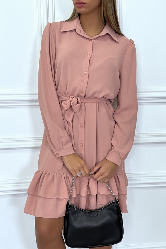 Long sleeve buttoned pink tunic dress with flounce - 3