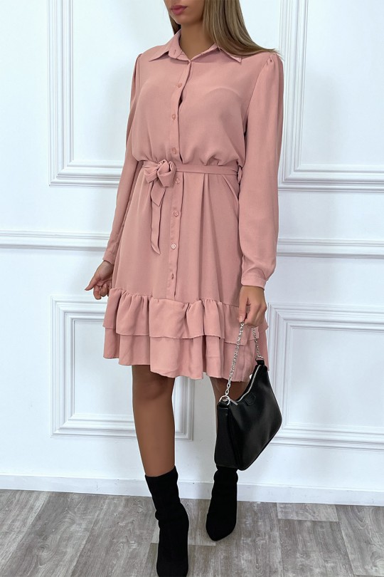 Long sleeve buttoned pink tunic dress with flounce - 4