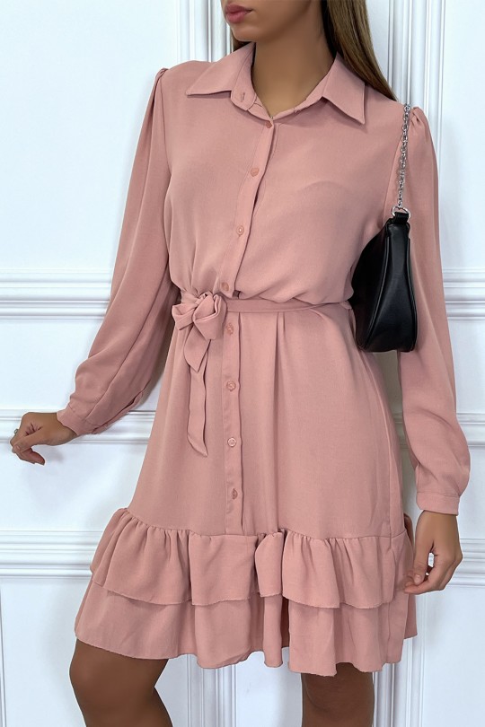 Long sleeve buttoned pink tunic dress with flounce - 6