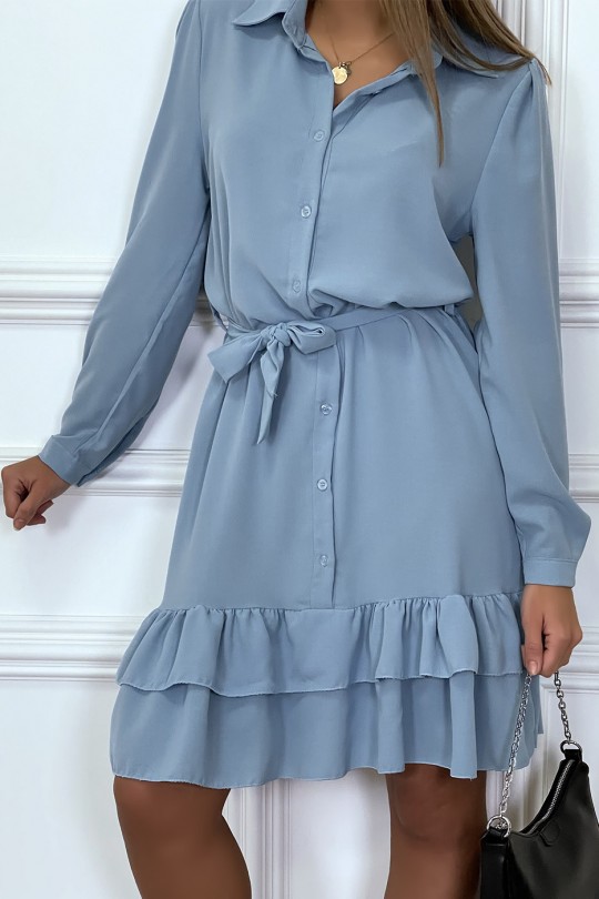 Blue long-sleeved buttoned tunic dress with flounce - 1