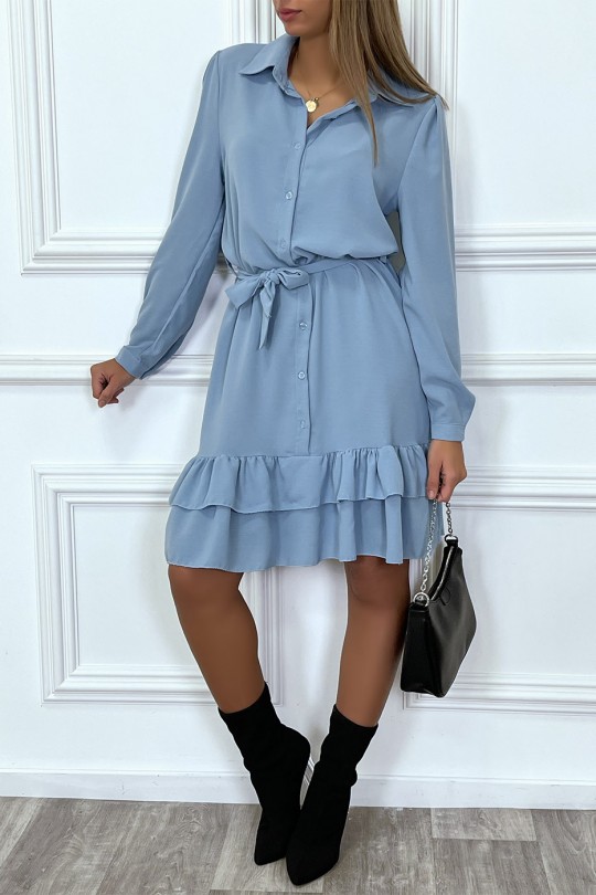 Blue long-sleeved buttoned tunic dress with flounce - 2