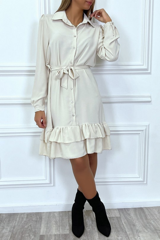 Beige long-sleeved buttoned tunic dress with flounce - 1