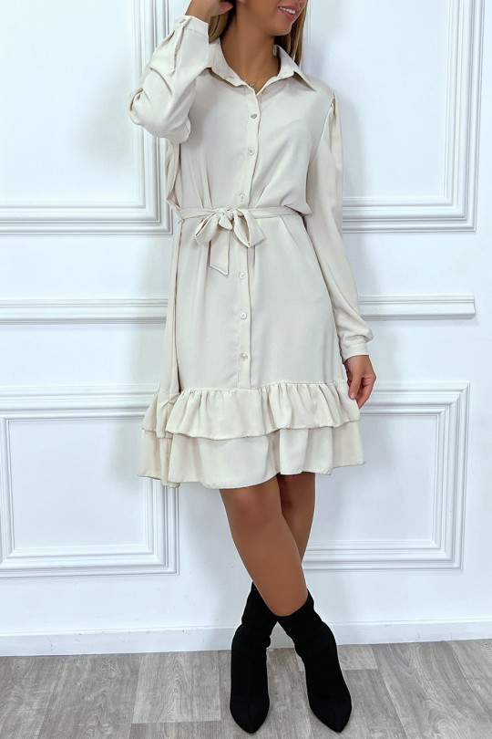 Beige long-sleeved buttoned tunic dress with flounce - 2
