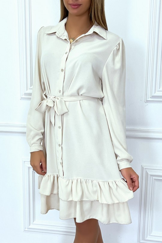 Beige long-sleeved buttoned tunic dress with flounce - 3