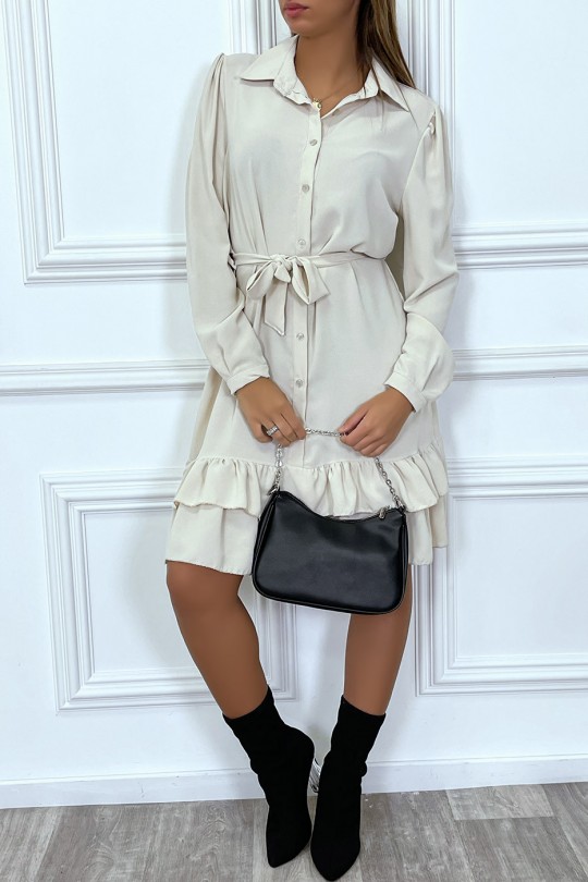 Beige long-sleeved buttoned tunic dress with flounce - 4