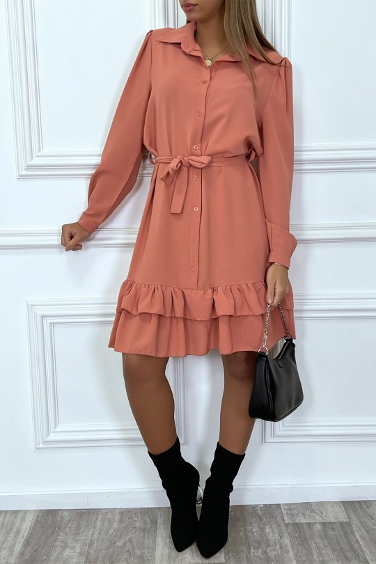 Long-sleeved buttoned coral tunic dress with flounce - 2