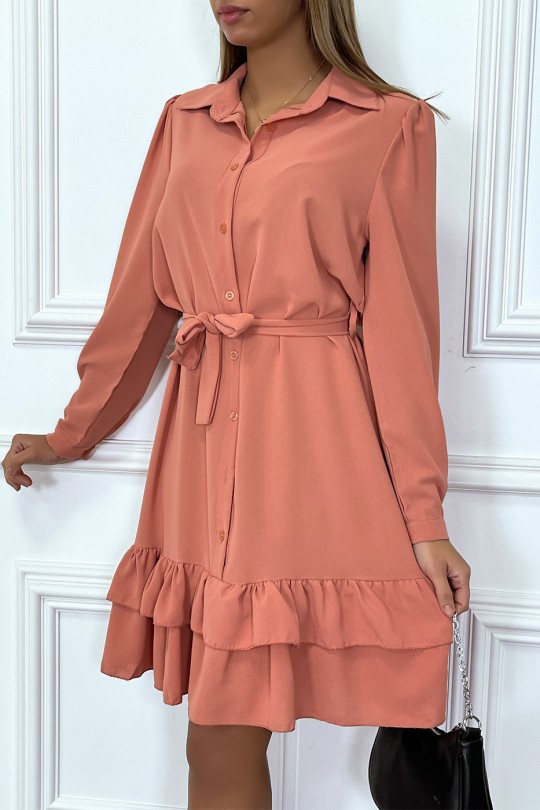 Long-sleeved buttoned coral tunic dress with flounce - 3