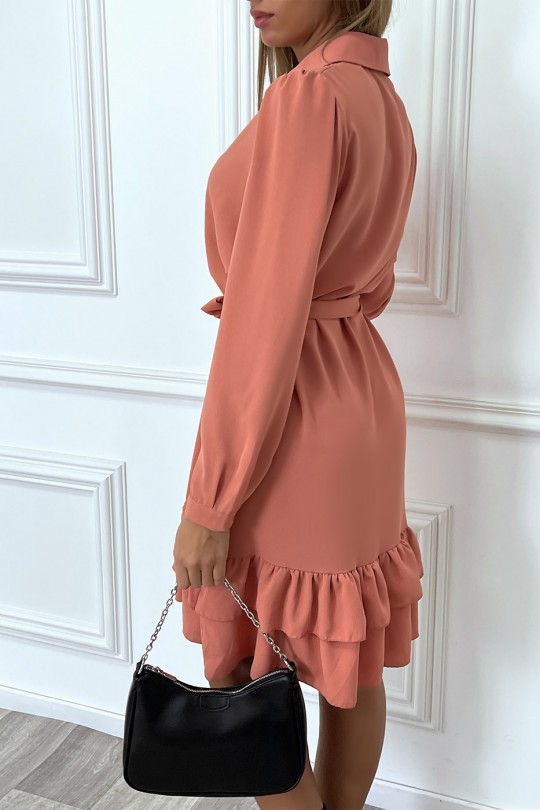 Long-sleeved buttoned coral tunic dress with flounce - 4