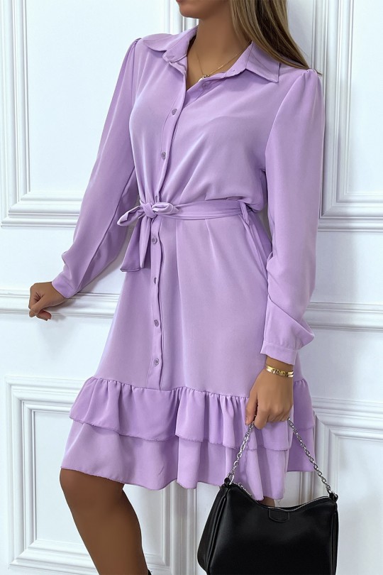 Long-sleeved buttoned lilac tunic dress with flounce - 2