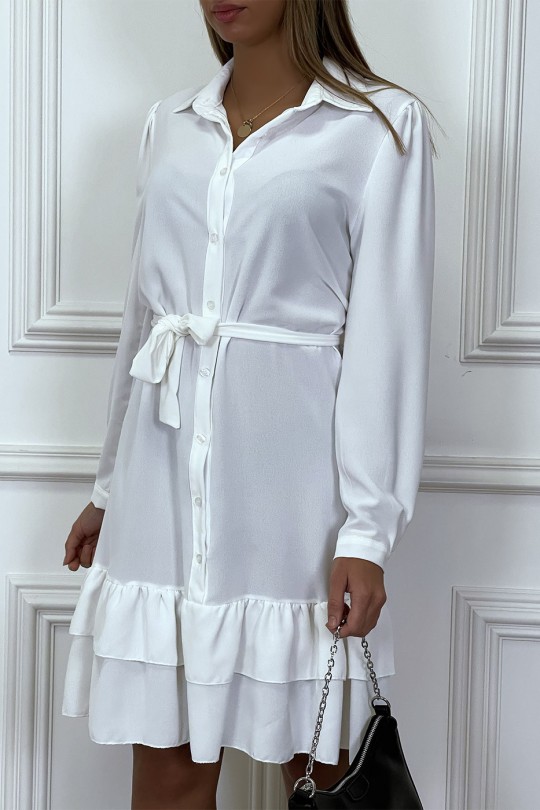 White long-sleeved buttoned tunic dress with flounce - 3