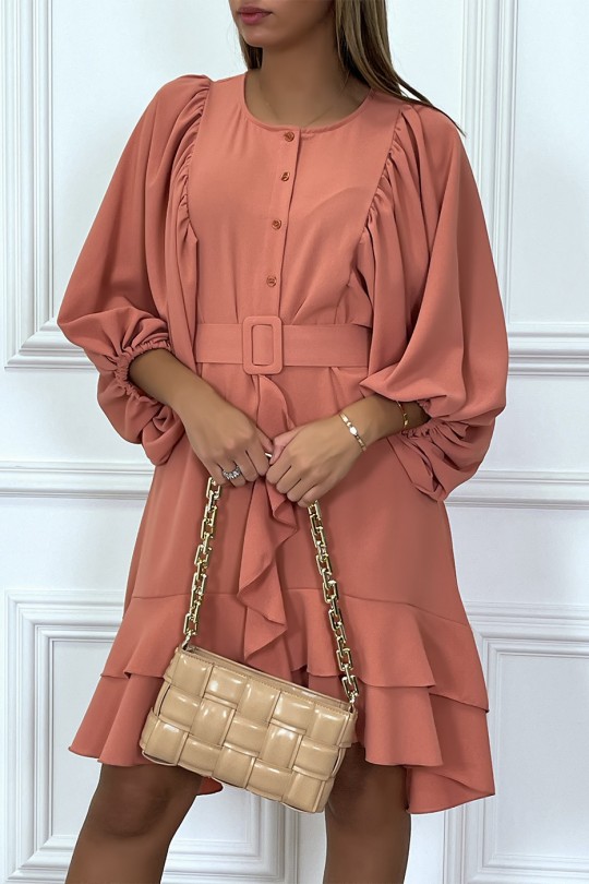 Coral shirt dress with ruffled puffed sleeves and belt - 1