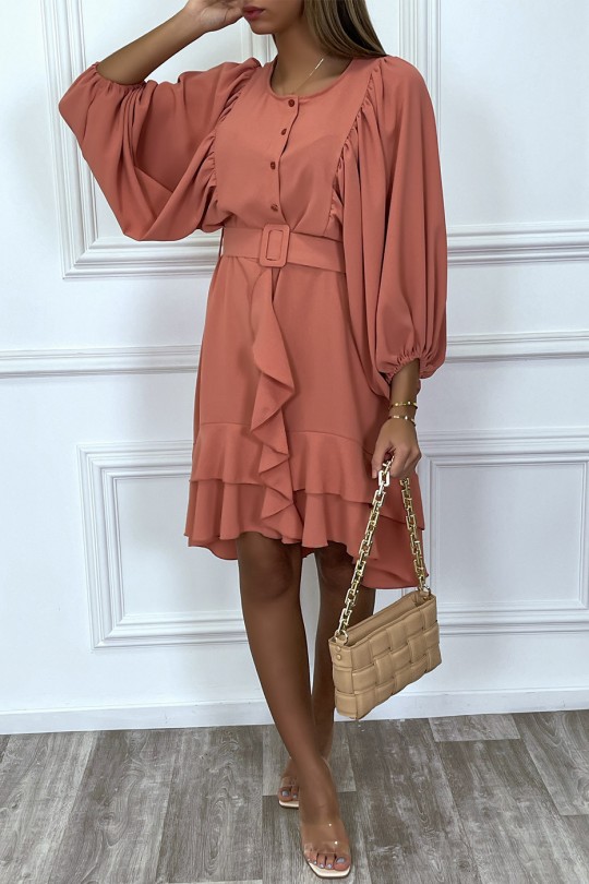 Coral shirt dress with ruffled puffed sleeves and belt - 3