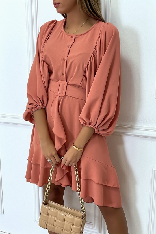 Coral shirt dress with ruffled puffed sleeves and belt - 5