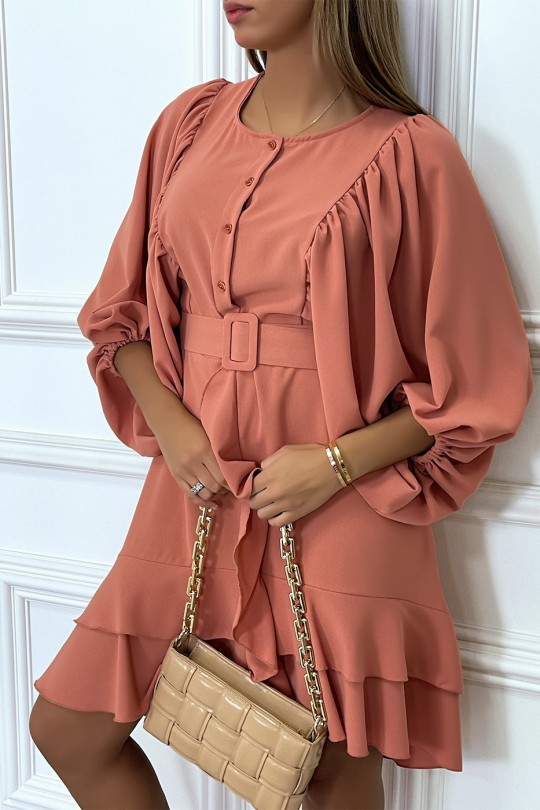Coral shirt dress with ruffled puffed sleeves and belt - 6