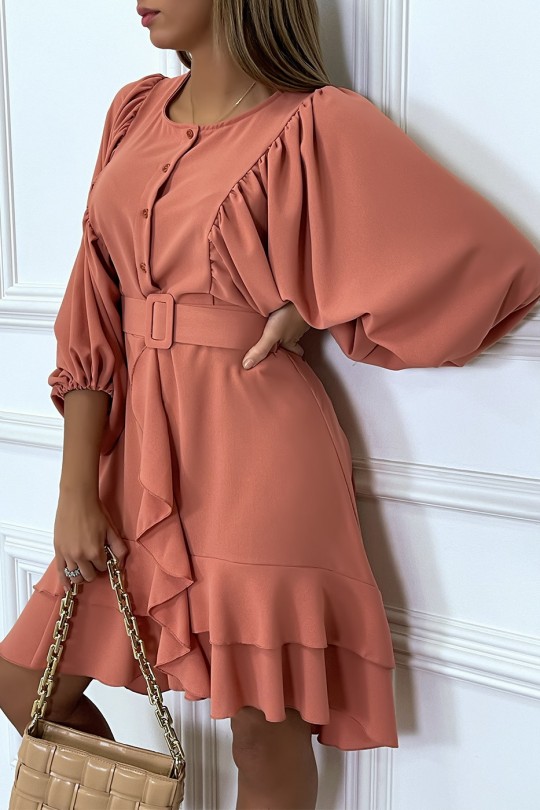 Coral shirt dress with ruffled puffed sleeves and belt - 7
