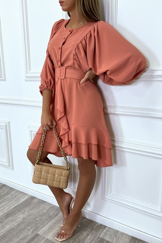 Coral shirt dress with ruffled puffed sleeves and belt - 8
