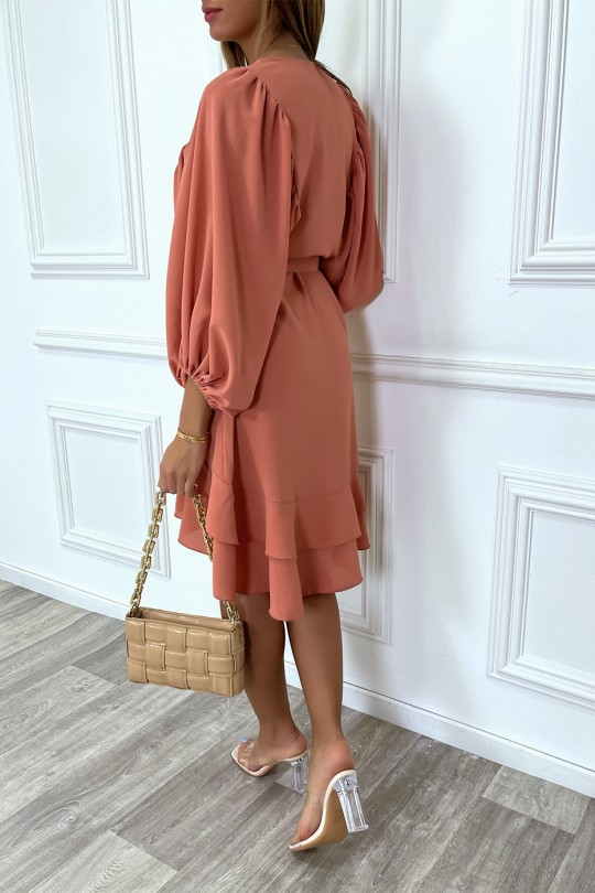 Coral shirt dress with ruffled puffed sleeves and belt - 9