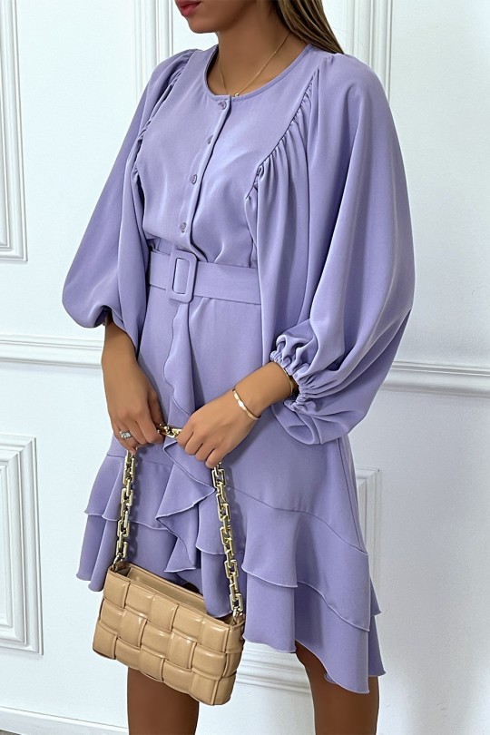 Lilac shirt dress with ruffled puffed sleeves and belt - 1
