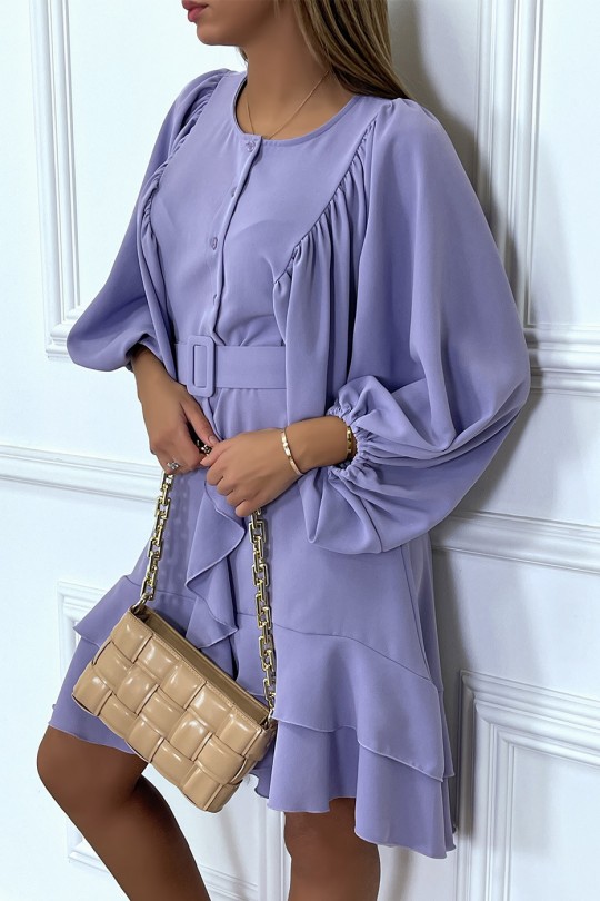 Lilac shirt dress with ruffled puffed sleeves and belt - 3