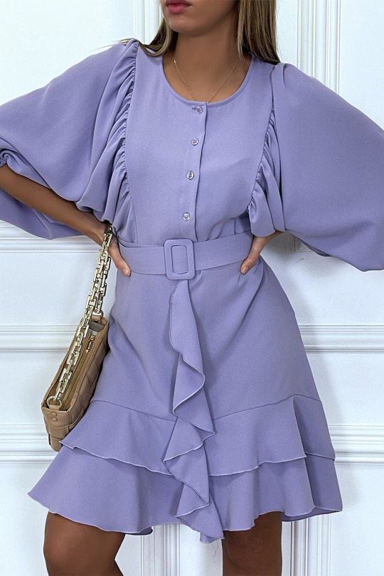 Lilac shirt dress with ruffled puffed sleeves and belt - 4