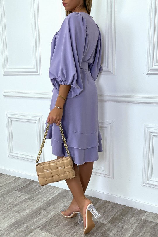 Lilac shirt dress with ruffled puffed sleeves and belt - 5