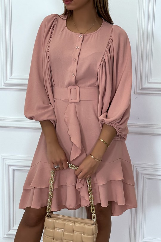 Pink shirt dress with puffed ruffle sleeves and belt - 1