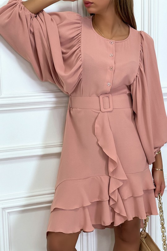 Pink shirt dress with puffed ruffle sleeves and belt - 2