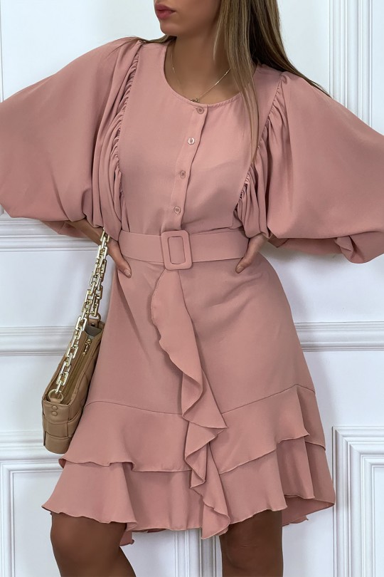 Pink shirt dress with puffed ruffle sleeves and belt - 4