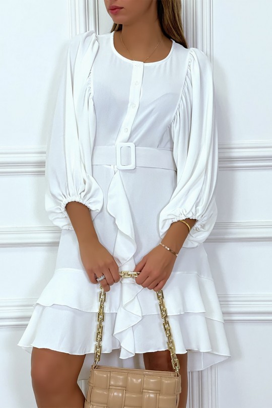 White shirt dress with puffed ruffle sleeves and belt - 1
