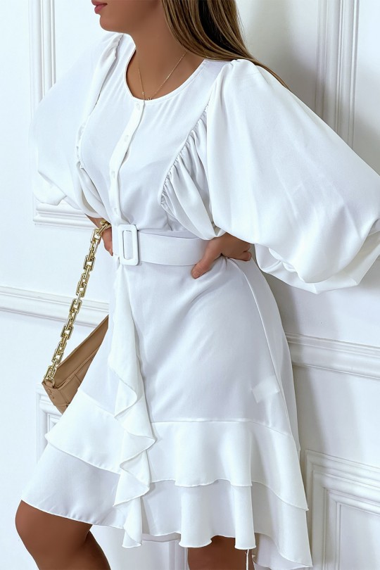 White shirt dress with puffed ruffle sleeves and belt - 4