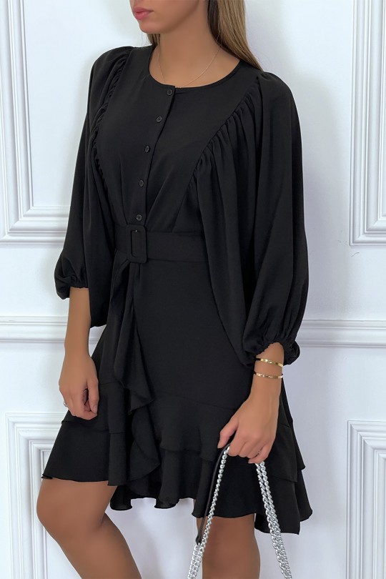Black shirt dress with puffed ruffle sleeves and belt - 1
